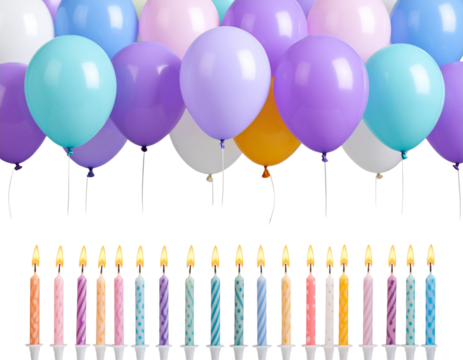  Party Edge Border of Floating Balloons and Flickering Candles Isolated