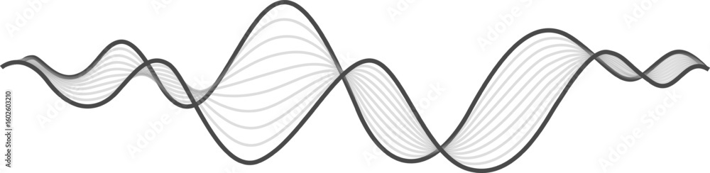 Poster multiple gray lines are creating a wavy pattern, flowing and forming harmonic curves, representing c