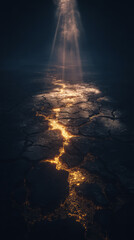 Obraz premium Dramatic cracked ground glowing with golden lava and mysterious light