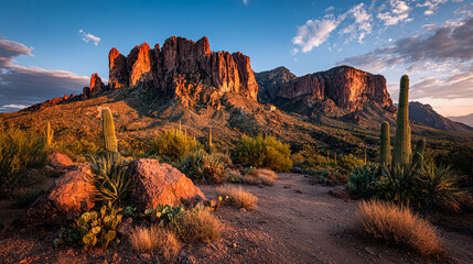 Sunlight highlights Superstition Mountains, Arizona. Landscape shows desert, cacti. Ideal for travel, outdoors, adventure marketing, editorial use, web design.
