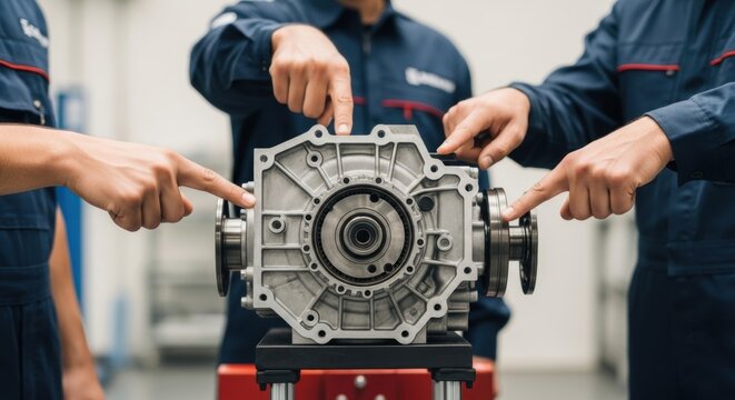 Teamwork in engineering: diverse engineers discussing gearbox mechanism in workshop