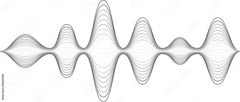 Poster overlapping gray curved lines creating a visual representation of sound waves oscillating with varyi