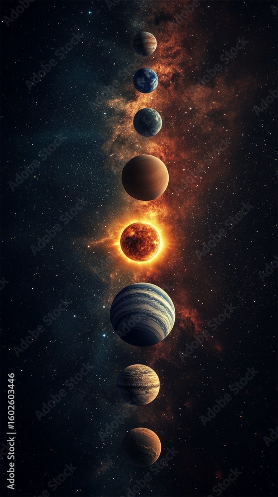 Poster planets aligning in outer space while orbiting a brilliant star, creating a stunning cosmic scene fi