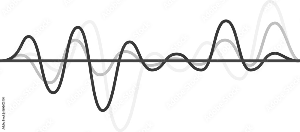 Poster multiple gray and black oscillating lines creating a complex wave pattern against a white background