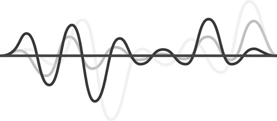 Multiple gray and black oscillating lines creating a complex wave pattern against a white background, symbolizing fluctuation, sound, and vibration in various contexts