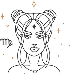 Stylish and modern line art depicting a woman with buns, nose piercing and necklace, symbolizing the Virgo zodiac sign, with golden sparkles and the Virgo glyph
