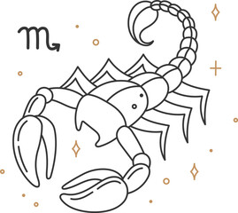 Minimalist line art illustration of a scorpion, the eighth astrological sign in the zodiac, surrounded by golden sparkles, symbolizing mystery, passion, and transformation