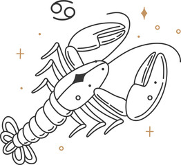 Minimalist line art illustration featuring a lobster symbolizing the Cancer zodiac sign, surrounded by stars and crosses, representing astrology, horoscope, and celestial themes