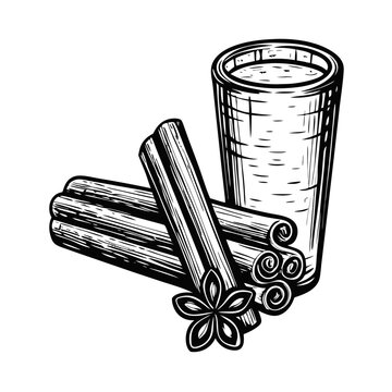 Refreshing horchata with fartons illustration alongside cinnamon sticks and star anise. Horchata with fartons creates a warm, comforting image of a traditional beverage served with a sweet pastry.