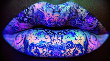 Close-up of lips with intricate, colorful patterns illuminated under vibrant neon lighting, creating an artistic and bold visual effect.