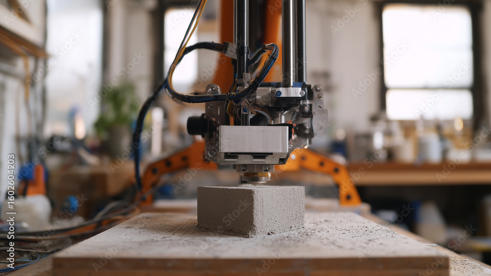 Poster this automated machine uses ai to create biocement bricks in a contemporary construction workshop.