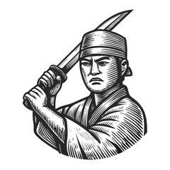 Obraz premium Sushi chef holding knife in focused engraving style with serious expression. Sushi chef in uniform poses with knife overhead, showcasing traditional culinary skill.