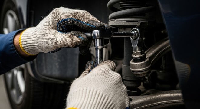 Mechanic adjusting car suspension with wrench and gloved hands