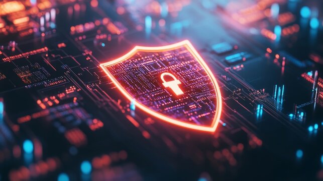 Cybersecurity shield concept with abstract glowing symbol on electronic circuit board background