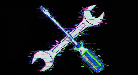 Glitching wrench and screwdriver crossed, digital repair tools.
