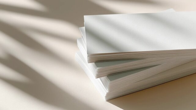 A stack of white paper is sitting on a table with a shadow cast on it. The paper is piled on top of each other, creating a three-layer stack