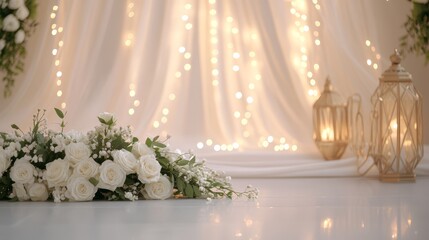 a high-end wedding decor composition showcasing a pristine white canvas display, asymmetrically adorned with an organic garland of full-bloom white roses and trailing greenery, set against an elegant