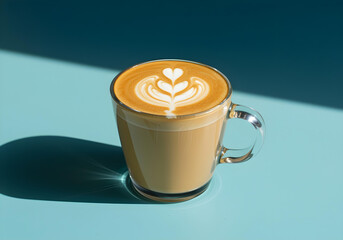A glass mug of latte art coffee with a tulip design, against a pastel blue background, diffused afternoon light, minimalist style.