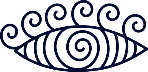 Stylized eye featuring a hypnotic spiral and swirling eyelashes, evoking trance, illusion, dreams, altered consciousness, and themes of spirituality and creativity