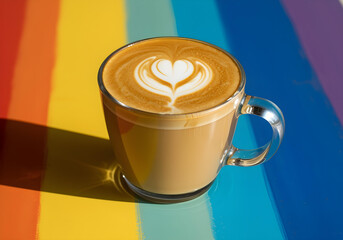 A glass mug of latte art coffee with a heart design, set against a vibrant rainbow-colored background, soft morning light, studio shot.