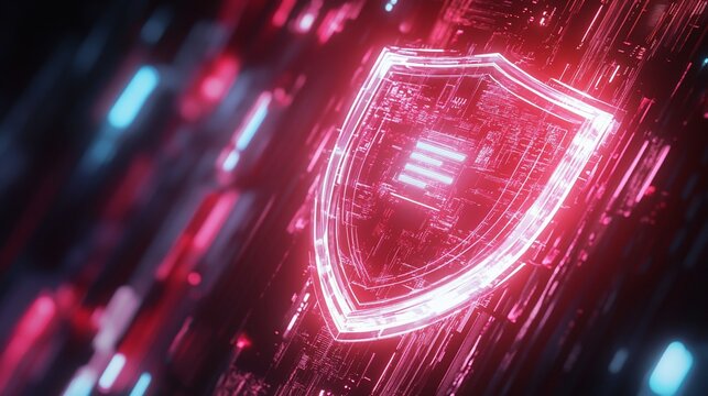 Cybersecurity shield concept with abstract glowing technology background and red tones