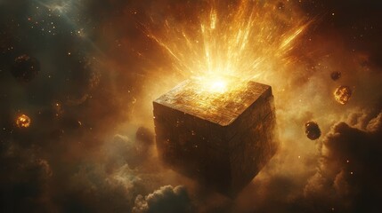 an ancient yet futuristic metallic box, hovering weightlessly in a dark atmospheric void, suddenly erupting with an ethereal burst of golden light, celestial particles swirling around as radiant god
