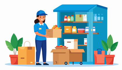 Smiling female volunteer in a blue uniform organizing grocery donations into cardboard boxes at a food pantry.