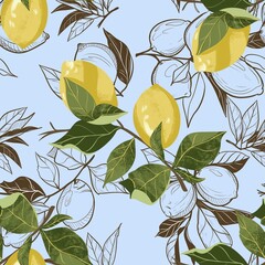 Seamless pattern colorful illustration of lemon branches with fresh yellow lemons and green leaves. A  blue background, vibrant botanical composition perfect for kitchen prints