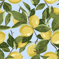 Seamless pattern colorful illustration of lemon branches with fresh yellow lemons and green leaves. A  blue background, vibrant botanical composition perfect for kitchen prints