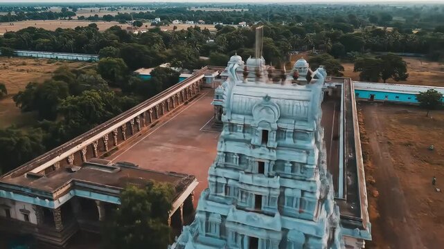 Aerial View of a Grand Temple Complex with Intricate White Structures and Surrounding Green Landscape