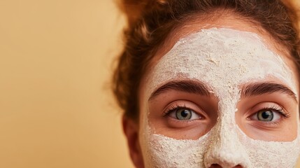 Close-up of a woman's face with a facial mask applied, highlighting skincare routine, against a neutral beige backdrop.