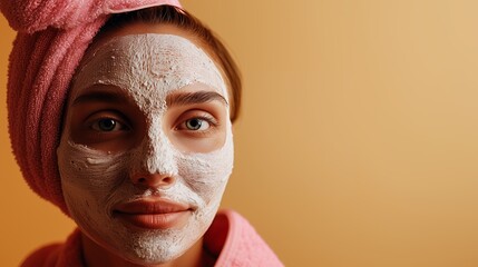 Close-up of a woman with a face mask and towel turban, embracing self-care and relaxation in a serene setting.