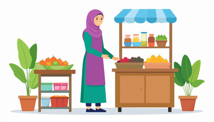 Muslim woman in a hijab and apron selling fresh fruit at a vibrant outdoor market stall.