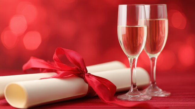 Two elegant champagne glasses beside a rolled diploma tied with a red ribbon on a festive red background