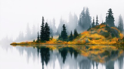 Serene autumn landscape with colorful foliage reflecting in calm lake surrounded by misty forest