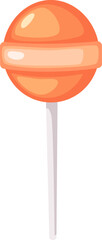 Sweet round orange lollipop with white stick isolated on white background representing sugary treats, childhood memories, and the joy of simple pleasures