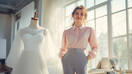 Young female fashion designer stands confidently with hands in pockets next to white wedding dress on mannequin in her bright studio. Ideal for showcasing bridal design or creative entrepreneurship