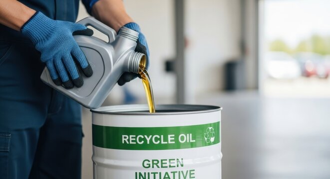 Caucasian male recycling oil in green initiative drum for eco-friendly practice