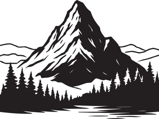 Monochrome Mountain Landscape, Pine Forest, and Lake, Black and White Vector Illustration