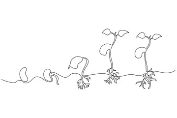 Continuous single line art of seed sprouting and plant growth stages minimalist botanical vector
