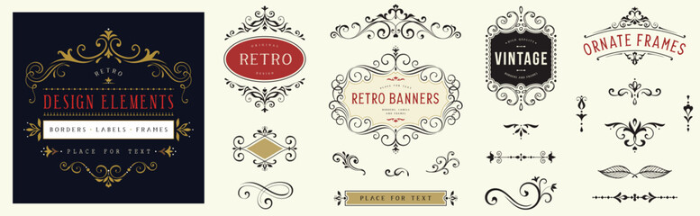 Frames, labels, ornate elements, scroll, logos, floral motifs. For branding, stickers, business and greeting cards, invitations, menu, packaging.