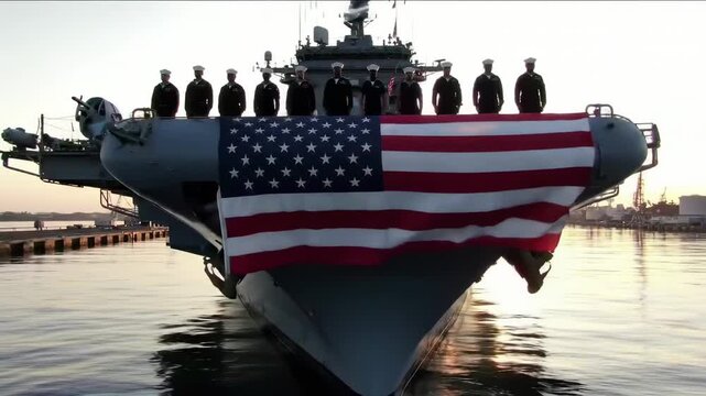 US Navy personnel on deck of a ship with the American flag