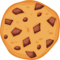 Round baked chocolate chip cookie presenting irregular chocolate chips spread on a golden brown dough, offering a sweet and tempting treat for dessert or snack