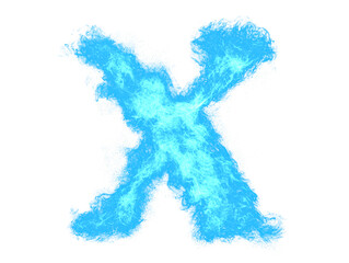 Letter X made of blue fire flames on white background