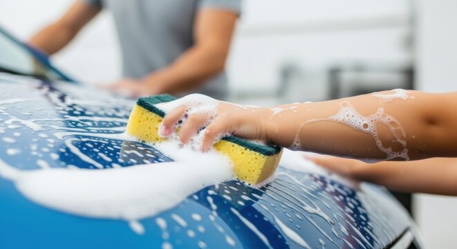 Child helping adult wash blue car with sponge and soap bubbles