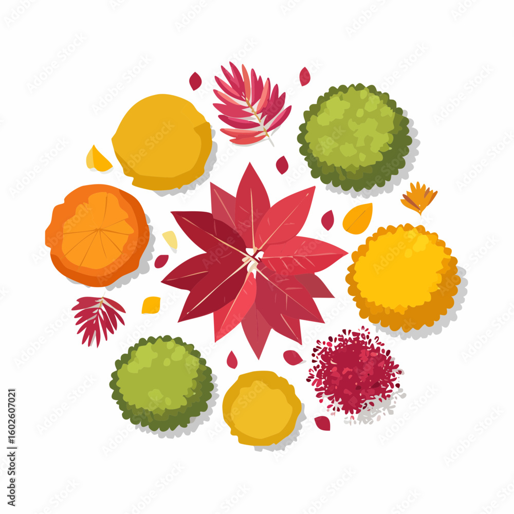 Poster a vibrant overhead view of various colorful autumn leaves and stylized trees forming a circular patt