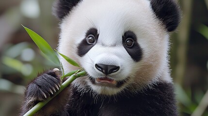 Fototapeta premium Close-up of a panda's paw holding a bamboo stalk, delicate grip
