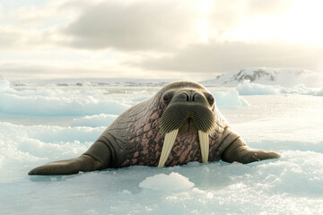 Walrus relaxes on an ice floe under a cloudy Arctic sky during a tranquil afternoon
