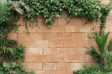 Warm clay-orange wall adorned with lush green foliage creating a vibrant contrast in a tranquil...