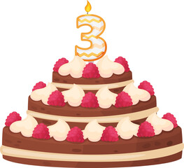 Three layered chocolate birthday cake is decorated with whipped cream, fresh raspberries and burning candle number three, celebrating third anniversary, isolated on white background